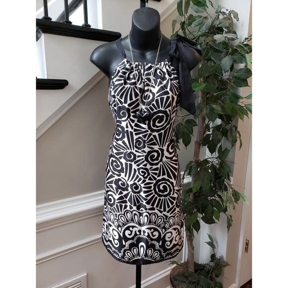 White House Black Market  Silk Sleeveless Dress Black/White Geometric Print 0 - Picture 2 of 10